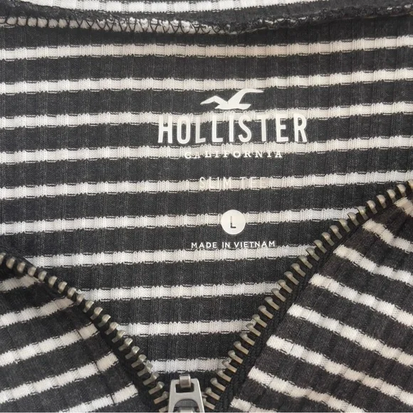 Hollister Ribbed Zip Front Long Sleeve Striped Slim Fit Top Black White Large - Picture 7 of 11